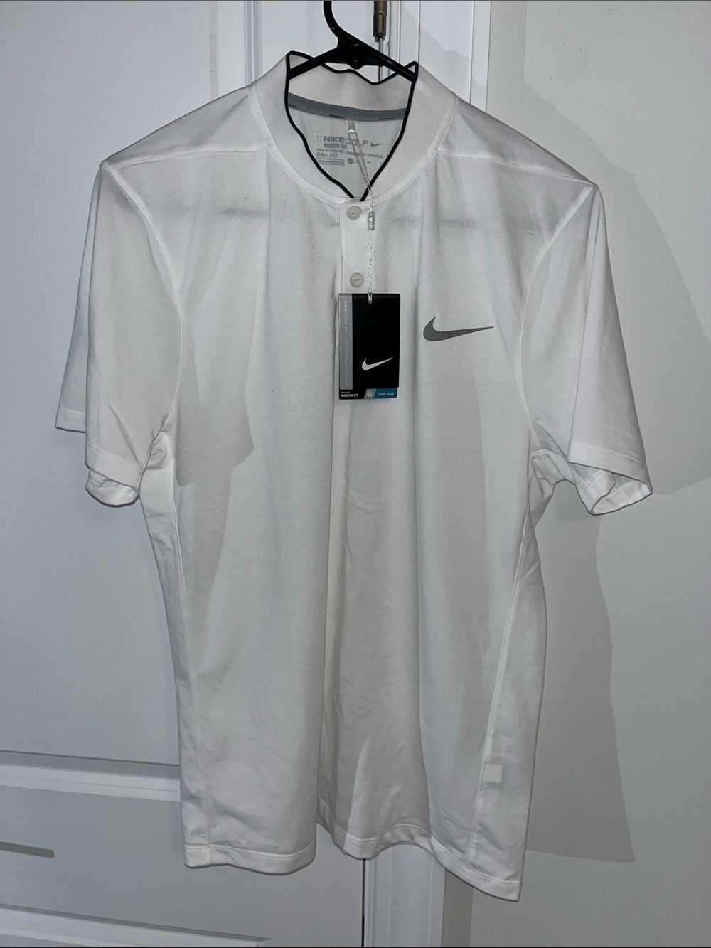 New White Black Nike Golf Blade SNAP FRONT Collar Polo Shirt Modern Fit M men’s
